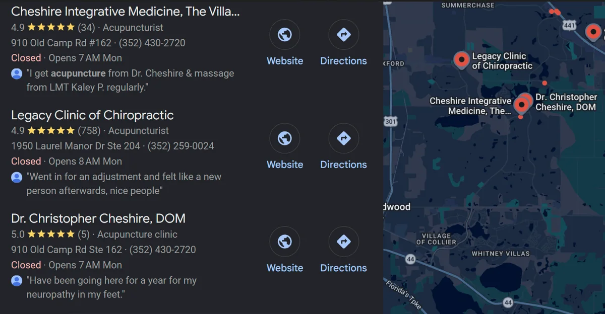 Google map results for acupuncture in The Villages, with Cheshire Integrative Medicine holding two of the three spots